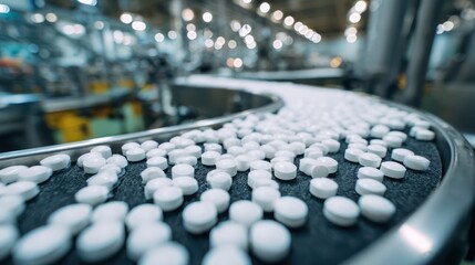 White pills on industrial conveyor belt