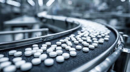 Pharmaceutical tablets on manufacturing line