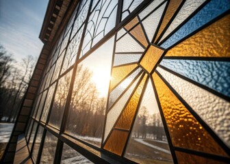 Fototapeta premium Close-up of a stained glass window with geometric patterns in warm yellow, blue, and white, catching the bright sunlight and casting colorful reflections.