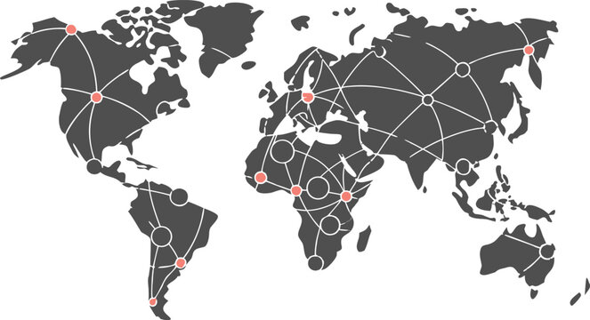 Stylized world map with interconnected global cities and transportation network on a dark background vector