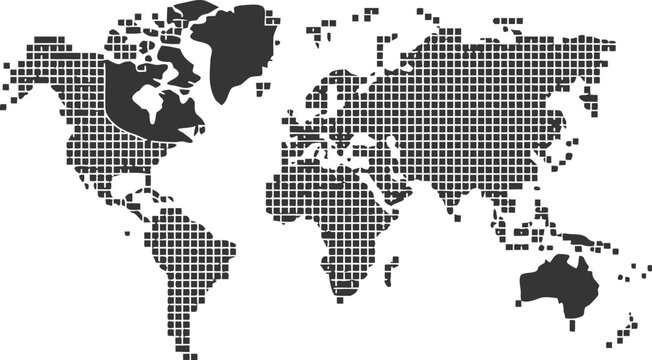 Monochromatic world map composed of squares on transparent background continents and countries graphic representation