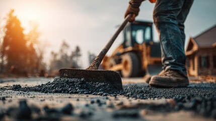 Construction crew paving a new residential driveway