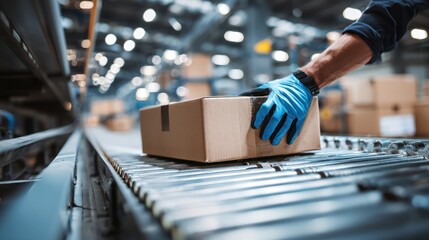 Worker placing cardboard boxes on automated conveyor