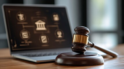 A wooden gavel rests on a desktop near a laptop displaying legal symbols, suggesting digital justice and court
