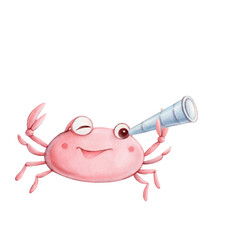 Cute watercolor illustration of a pink crab looking through a telescope. Soft pastel, hand-painted cartoon style, ideal for children’s books, nursery decor, cards, posters, and playful designs.