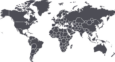 Dark gray world map with segmented continents and white hexagon patterns on transparent grid, symbolizing global division and structure © Sadhin07