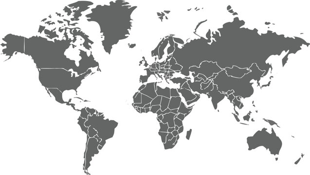 Gray world map with country borders in white outline on transparent background, political cartography simple illustration