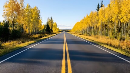 Asphalt road lined with golden autumn trees yellow