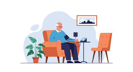 An elderly man is having his blood pressure checked while sitting in an armchair in his living room.