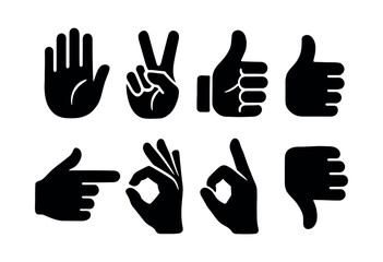 Fototapeta premium Hand gestures set, thumbs up, peace sign and more, flat vector illustration