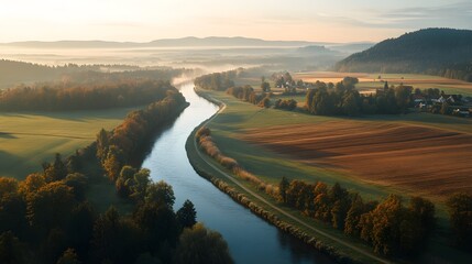 Alz River flowing through Bavarian countryside at sunrise