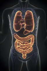 3D render of human torso with glowing lungs and intestines on a dark background