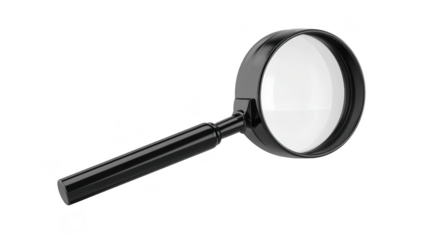 Magnifying glass with black handle, isolated on transparency background, used for inspection, search, and investigation, symbolizing curiosity and discovery, simple and clear object