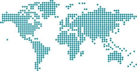 Fototapeta premium World map made of teal dots on transparent background representing continents and countries global connection concept