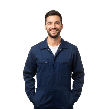 Cheerful Young Tradesman in Navy Jumpsuit Smiles Against White Background &mdash; Hands in Pockets, Neat Beard, Practical Design &mdash; Symbolizing Skilled Labor, Reliability, and Friendly Professionalism Ideal 