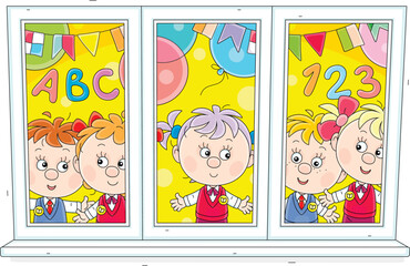 Happy little schoolgirls and schoolboys looking through a celebratory decorated classroom window and waving in greeting at a funny school holiday, vector cartoon illustration on white