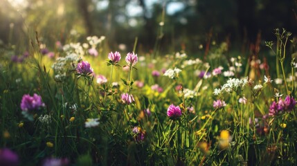 Vibrant Wildflower Meadow with Pink Clovers and White Blossoms Bathed in Soft Morning Light Under a Blue Sky in a Peaceful Natural Landscape