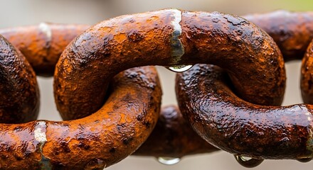 Rusted metal chain links with water droplets glisten.