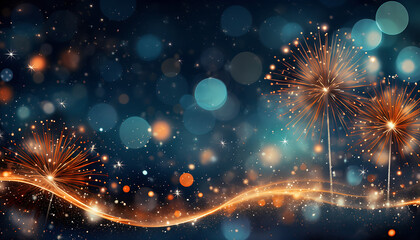 Glowing streaks of orange and white light traverse a dark blue backdrop with scattered white and multicolored circular shapes