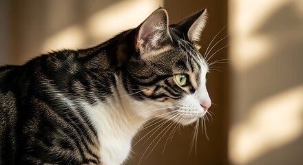 Fototapeta premium Tabby cat with green eyes looks intently to the right in soft light.
