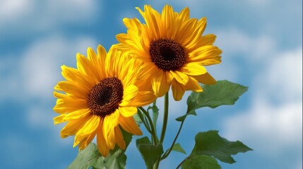 Obraz premium Two vibrant yellow sunflowers stand tall against a bright blue sky with soft white clouds,