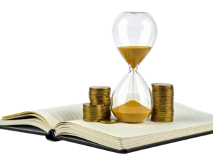 Hourglass with golden sand and stacks of coins resting on an open book with visible pages against a white background PNG