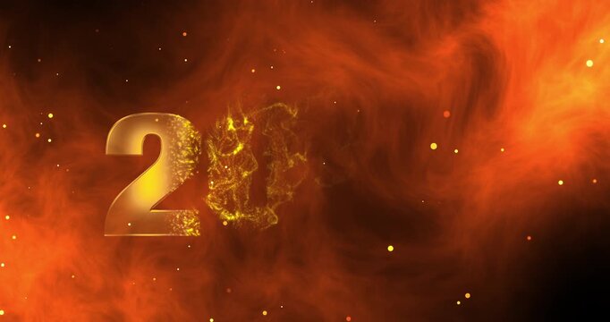 Welcome 2026 and Happy New Year Golden Fiery Countdown Numbers shine on Fire Background with Sparks 4k animated video clip with glowing particle effects and futuristic background loop
