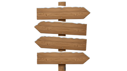 Wooden Directional Signpost with Three Blank Arrow Signs and Snow Isolated on Transparent Background PNG

