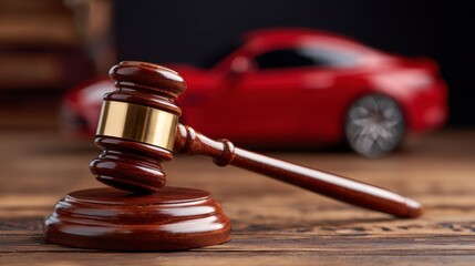 Obraz premium Close-up of a wooden gavel with gold band, resting on a stand. Blurry red sports car sits in background. Shot on textured wood