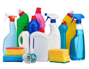 Various colorful plastic bottles and containers with spray nozzles and a yellow sponge are on a white surface on white background PNG
