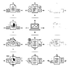 Business Process Flowchart Icons with Documents, Laptop, and Graphs