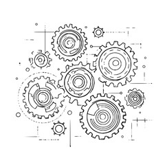 Interconnected Gears Technical Drawing on White Background