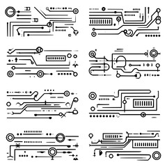 Circuit Board Diagrams with Wires and Microchips on White Background