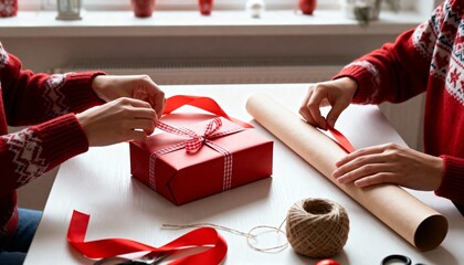 Two people in festive red sweaters wrapping Christmas gifts together. Hands tying a ribbon on a red present box. Holiday preparation and seasonal tradition concept