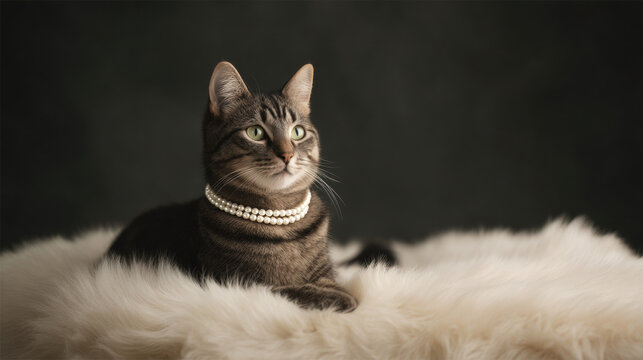 Tabby cat in a pearl necklace posing elegantly on a white faux fur rug. Glamorous pet concept for fashion and luxury themes.