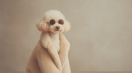 Dog wearing luxury fashion coat and round sunglasses. Stylish poodle posing, embodying pet fashion and adorable elegance. Blank copy space for design or text.