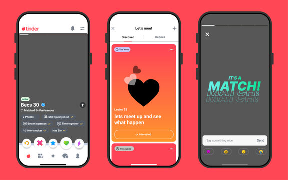 Tinder Dating App Interface Screens Showing Profile Discovery Match and Chat Flow
Modern Dating Applications UI Design Concept With Swipe Match Messaging Experience