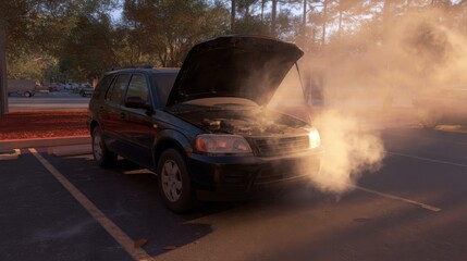 crossover vehicle overheated after slow driving, hood lifted, steam barely visible, parking lot background, realistic everyday scene