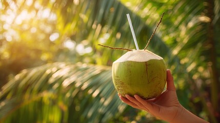 Refreshing Coconut Drink in Hand Surrounded by Lush Tropical Palm Leaves under Bright Sunlight in a Paradise Vacation Setting