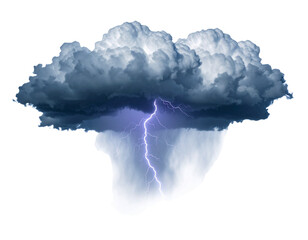 A dark cloud with shades of gray and white emits a bright white and light blue lightning bolt towards the bottom edge on white background PNG