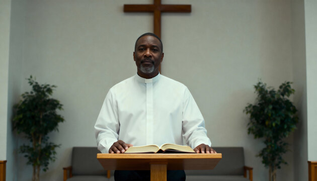 A portrait of an African American pastor at a church pulpit with a Bible. A Black priest preaches a sermon about faith in front of a cross