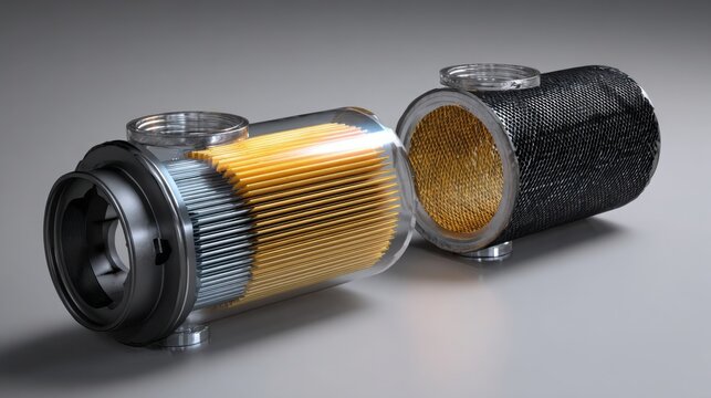 cutaway view of engine oil filter trapping contaminants, clean versus dirty filter comparison, technical educational automotive visualization