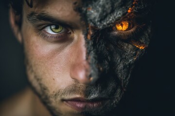Double identity man and demon face portrait