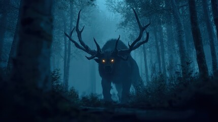 Supernatural horned entity lurking in deep forest
