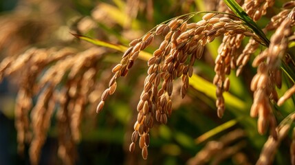 Obraz premium Close-up of Golden Rice Grains on Plant with Warm Sunlight Highlighting Natural Beauty of Agriculture and Harvesting Process in Outdoor Environment
