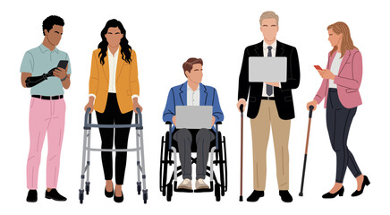 Business professionals with disabilities in business attire, standing with laptops and phones. Flat minimalist illustration isolated on transparent background.