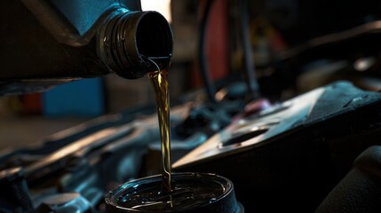routine engine oil change process in garage, draining dark used oil, clean workshop environment, realistic automotive photography