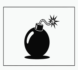 A simple cartoon illustration of a black bomb with a lit fuse on white background