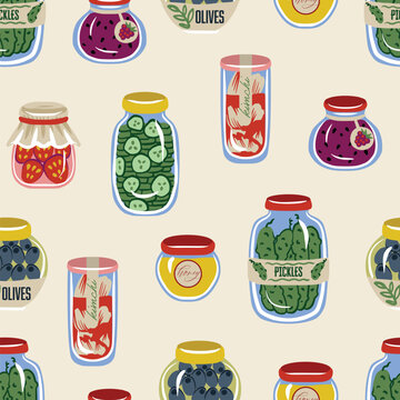 Cute food jar seamless vector pattern with pickles olives honey jam preserves