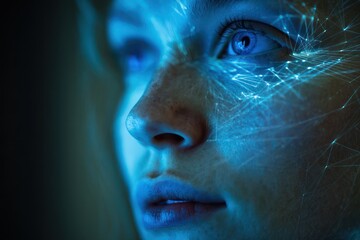 Digital identity verification on glowing female face